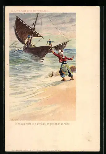Lithographie Sindbad der Seefahrer, Sindbad wird von der Schlangeninsel gerettet