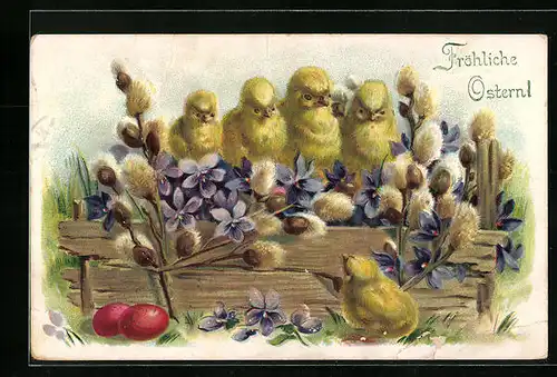 Präge-AK Fröhliche Ostern, Osterküken mit Veilchen
