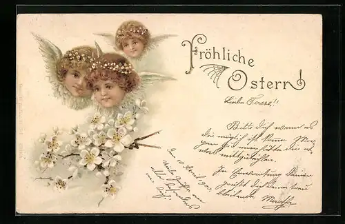 Lithographie Osterengel mit Blüten