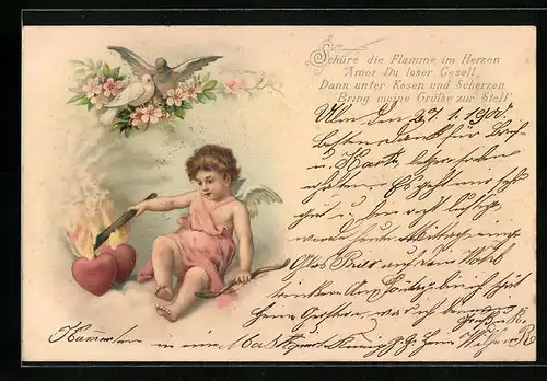 Lithographie Amor schürt die Flamme im Herzen