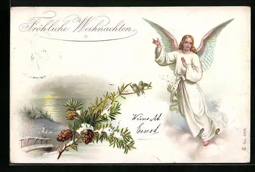 Lithographie Weihnachtsengel mit Tannenzweigen