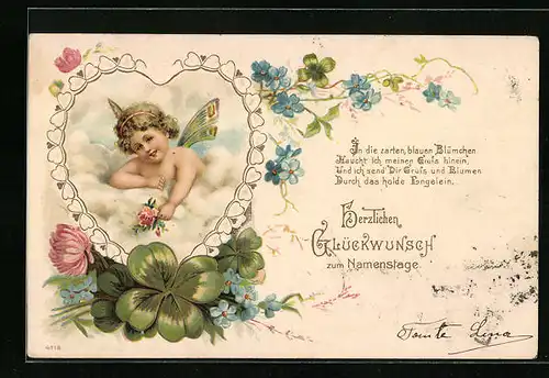 Präge-AK Engelchen mit Rose und Kleeblatt zum Namenstag