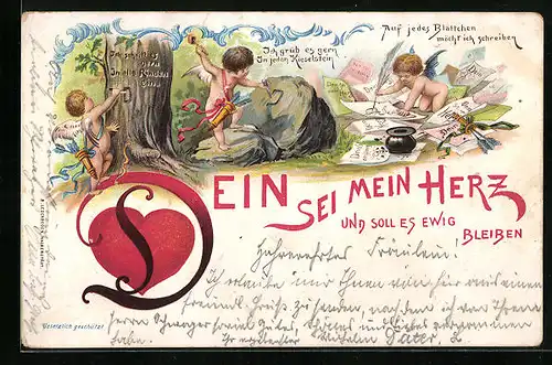 Lithographie Sein sei mein Herz, Amor mit Liebesbriefen