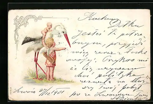 Lithographie Engelchen mit Storch und Neugeborenem