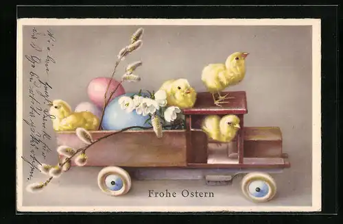 Künstler-AK Frohe Ostern, Osterküken auf einem Spielzeugauto