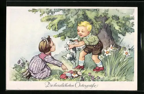 Künstler-AK Kinder entdecken Ostereier vom Osterhasen