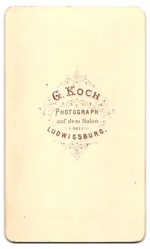 Fotografie G. Koch, Ludwigsburg, Dame im bestickten Kleid mit Korkenzieherlocken und Brosche