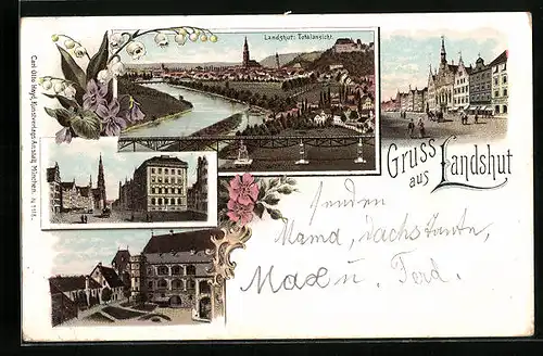 Lithographie Landshut, Totalansicht, Strassenansichten aus der Innenstadt