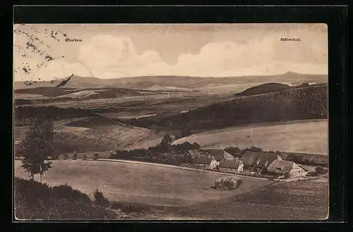 AK Wieda, Blick vom Philosophenweg auf Güntjenberg und Harz, Brocken u. Stöberhai