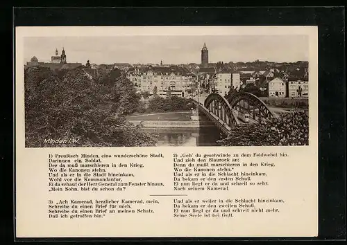 AK Minden i. W., Uferpartie und Brücke mit Strassenbahn