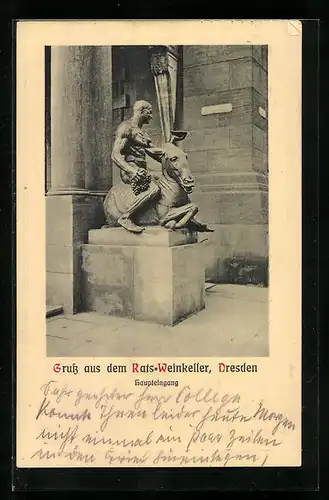 AK Dresden, Ratsweinkeller, Statue am Haupteingang