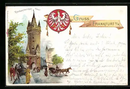 Lithographie Frankfurt a. M., Partie am Eschenheimer Thor, mit Kutschen und Passanten, Wappen