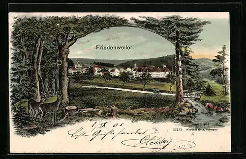 Lithographie Friedenweiler, Ortsansicht vom Waldrand aus, mit Rehen und Bach