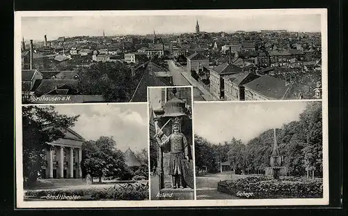 AK Nordhausen a. H., Totalansicht, Stadttheater, Roland