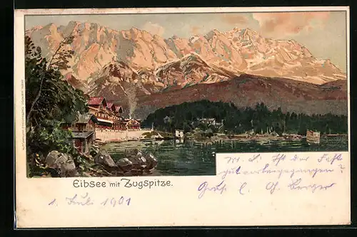 Lithographie Eibsee, Gasthaus, See und Zugspitze bei Sonne