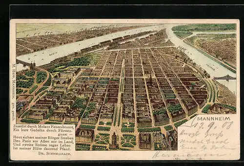 Lithographie Mannheim, Kartenansicht der Stadt aus der Vogelschau