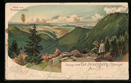 Lithographie Grosser Inselsberg /Th., Blick vom Venezianerstein mit Wanderern