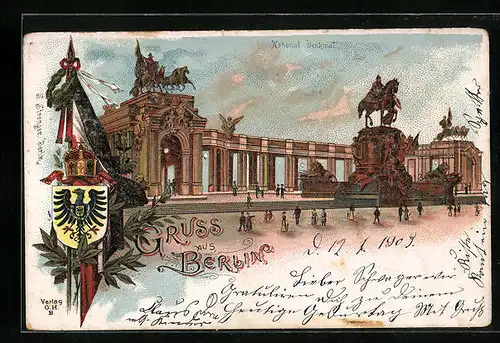 Lithographie Berlin, Partie am National-Denkmal, Fahne und Wappen