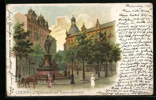 Lithographie Chemnitz, Rossmarkt mit Saxoniabrunnen
