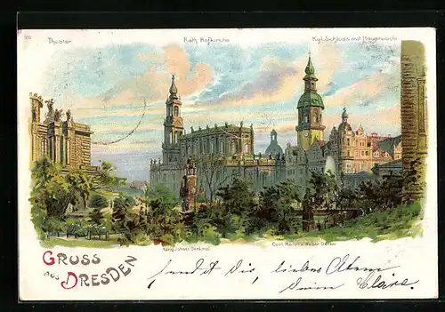 Lithographie Dresden, Ortspartie mit Theater und Kgl. Schloss