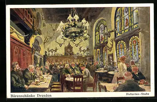 Künstler-AK Dresden, Gasthaus Bärenschänke, Hubertus-Stube