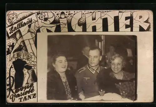 Künstler-AK Hamburg-St. Pauli, Ballhaus Trichter - Zeichnungen und Foto eines Wehmachtsoldaten in Damenbegleitung