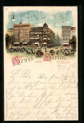 Lithographie Berlin, Unter den Linden Ecke Friedrichstrasse mit Cafe Bauer