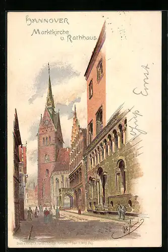 Lithographie Hannover, Marktkirche und Rathaus