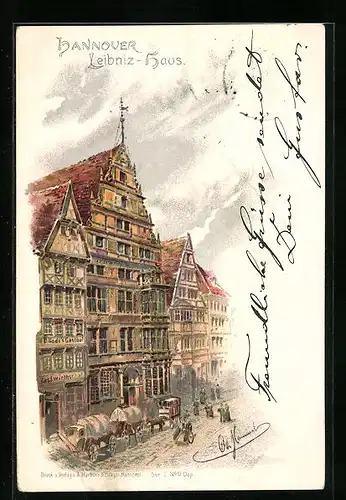 Lithographie Hannover, Leibniz-Haus mit E. Bode`s Gasthof