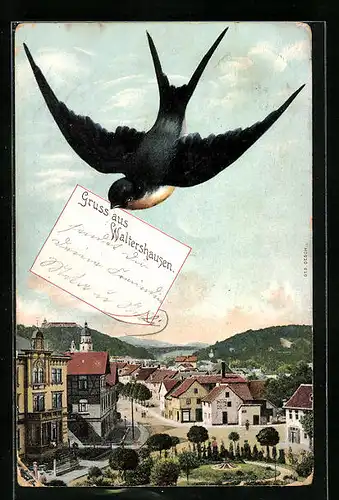 AK Zeitz, Uferpartie mit Brücke und Schwalbe