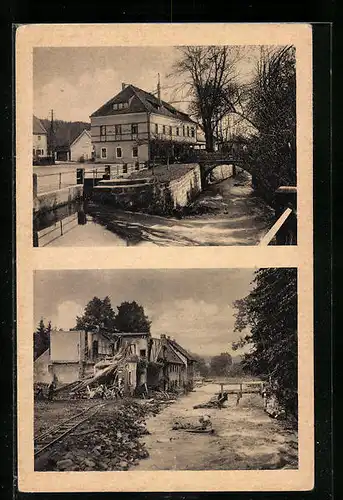AK Bad Berggiesshübel, Ortspartien vor und nach der Hochwasser-Katastrophe 1927