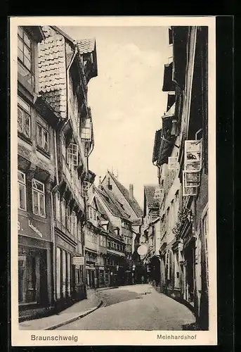 AK Braunschweig, Strasse Meinhardshof mit Geschäften