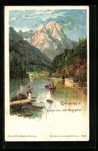 Künstler-AK Karl Heinisch: Garmisch, Risser-See mit Zugspitze
