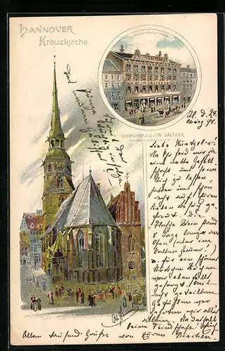 Künstler-AK Otto Hammel: Hannover, Geschäfzshaus Sältzer in der Seilwinderstrasse, Kreuzkirche