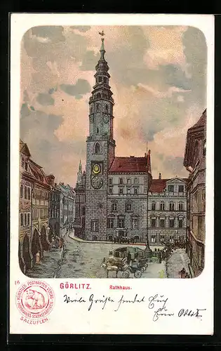 Lithographie Görlitz, Abendstimmung am Rathaus