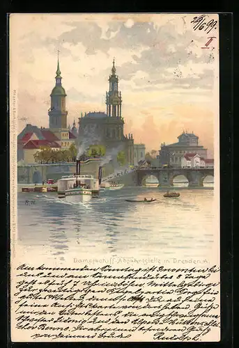 Lithographie Dresden, Dampfschiff-Abfahrtsstelle mit Blick zur Hofkirche