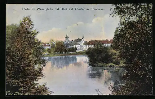 AK Minden i. W., Partie im Weserglacis mit Blick auf Theater und Kreishaus
