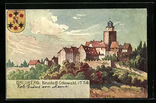 Künstler-AK Neustadt i. O., Breuberg mit Wappen