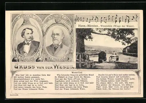 AK Hann.-Münden, Weserstein, Komponist G. A. Pressel, Dichter F. Dingelstedt, Weserlied