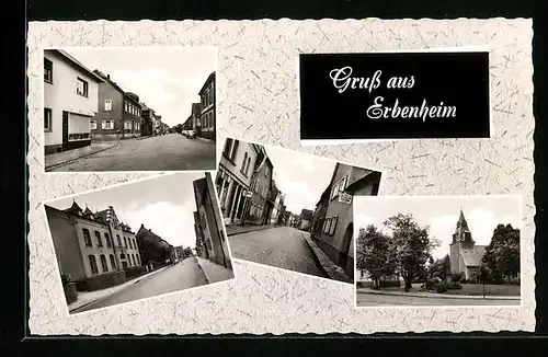AK Wiesbaden-Erbenheim, Strassenpartie mit Geschäften, Strassenpartie mit Gebäudeansicht, Kirche
