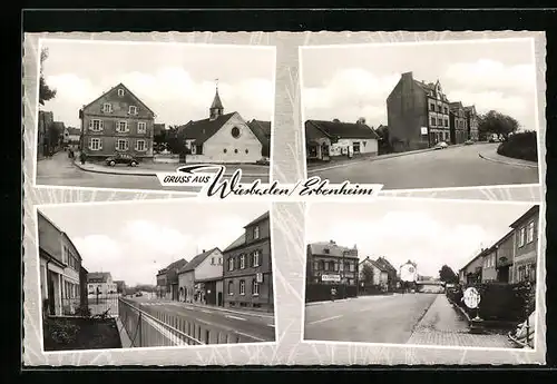 AK Wiesbaden-Erbenheim, Strassenpartien mit Geschäften, Strassenpartie mit Kirche