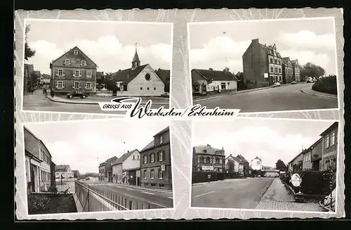 AK Wiesbaden /Erbenheim, Strassenpartien mit Geschäften, Strassenpartie mit Kirche