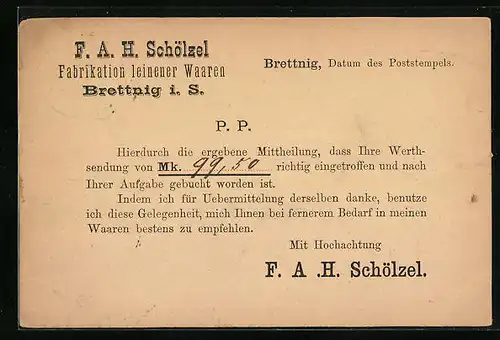 Vorläufer-AK Brettnig i. S., 1895, F. A. H. Fabrikation leinener Waren