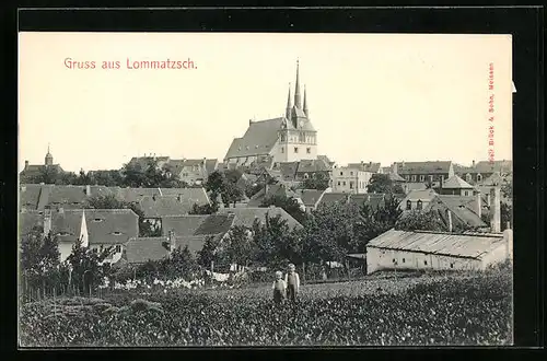 AK Lommatzsch, Teilansicht mit Kirche