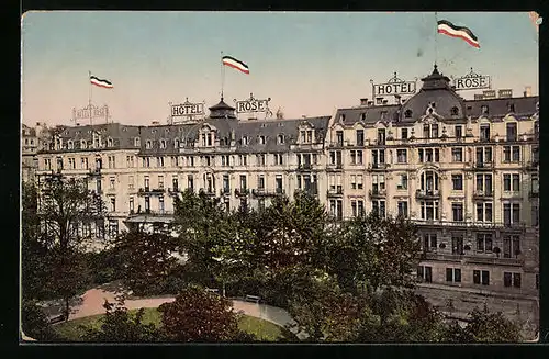AK Wiesbaden, Frontansicht des Hotel Rose mit den Anlagen an der Kochbrunnenquelle