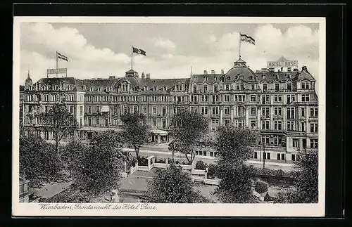 AK Wiesbaden, Frontansicht des Hotel Rose mit den Anlagen an der Kochbrunnen-Quelle