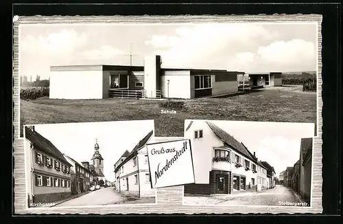 AK Nordenstadt, Stolbergerstrasse mit Geschäft, Schule, Kirchgasse