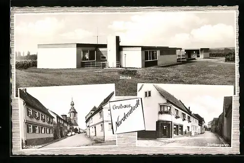 AK Nordenstadt, Stolbergerstrasse mit Geschäft, Schule, Kirchgasse