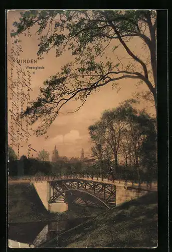 AK Minden i. W., Weserglacis mit Stadtpanorama