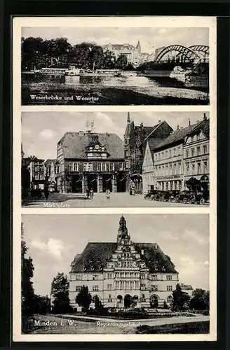 AK Minden i. W., Weserbrücke und Wesertor, Marktplatz und Regierungsgebäude